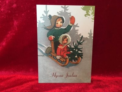 MARTTA WENDELIN -joulukortti - kelkka ja lapset